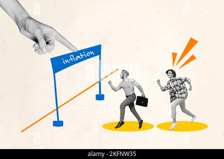 Illustration créative de collage de l'homme drôle excitée femme courir ensemble pour terminer l'inflation isolée sur fond damiré Banque D'Images