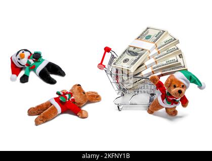 Les aides du Père Noël avec un panier plein d'argent. Concept de Noël amusant Banque D'Images