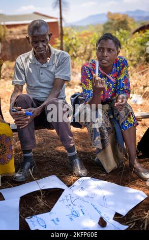 Deux agriculteurs du Malawi participent à une discussion participative sur l'apprentissage et l'action de leurs moyens d'existence, dans le cadre d'un projet de recherche universitaire sur le terrain Banque D'Images
