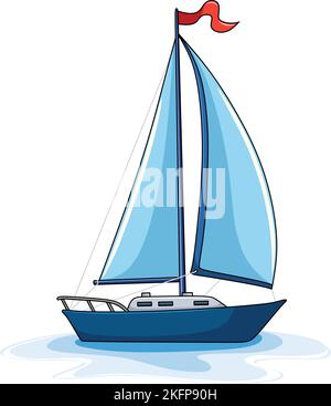 Voilier bleu avec drapeau rouge sur l'illustration vectorielle de la bande dessinée du bateau Illustration de Vecteur