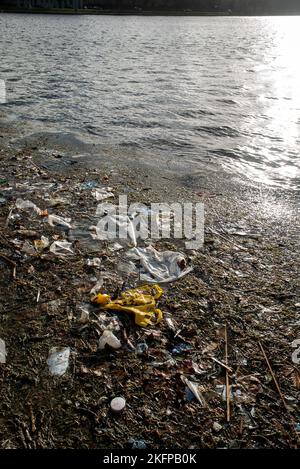 Litière en plastique et autres déchets flottant dans l'eau, lavé à Sortedams SO, Copenhague, Danemark. Pollution de l'eau. Déchets de plastique flottant dans l'eau. Banque D'Images