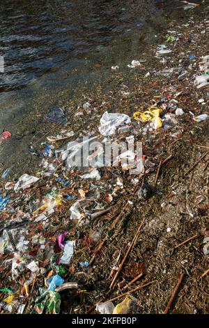 Litière en plastique et autres déchets flottant dans l'eau, lavé à Sortedams SO, Copenhague, Danemark. Pollution de l'eau. Déchets de plastique flottant dans l'eau. Banque D'Images