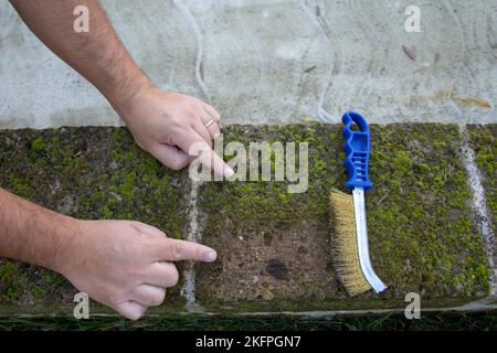 Image des mains d'un homme de main utilisant une brosse en acier pour enlever la moisissure et l'humidité des briques. Différence entre pièce propre et pièce non propre. Bricolage Banque D'Images