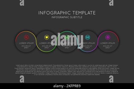 Modèle d'infographie vectoriel avec cinq cercles sombres avec lignes et icônes de couleur torsadée. Schéma de procédé moderne sur fond noir Illustration de Vecteur