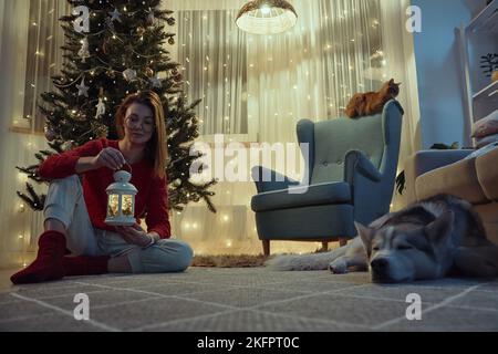 Une femme décorera une lanterne de Noël assise sur le sol à côté d'un arbre de Noël, un chat et un chien dorment à proximité Banque D'Images