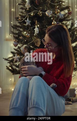 Jeune femme avec un chat assis près de l'arbre de Noël, Noël avec un chat d'animal de compagnie Banque D'Images