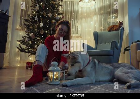 Jeune femme le soir de Noël avec ses animaux de compagnie qui pettent un chien tout en étant assise sur le sol à côté de l'arbre de Noël Banque D'Images