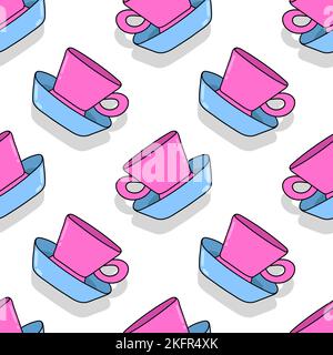 Illustration numérique d'un motif sans couture de jolies tasses roses avec des sauces bleues sur fond blanc Illustration de Vecteur