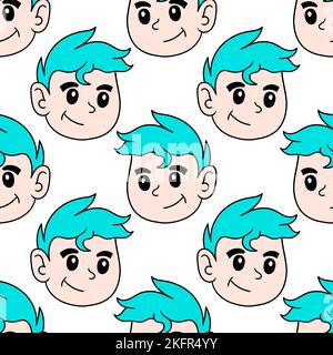 Une illustration numérique du motif sans couture de visages de garçon mignon avec des cheveux turquoise sur un fond blanc Illustration de Vecteur