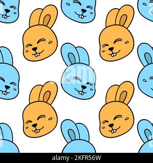 Illustration numérique d'un motif sans couture de lapins orange bleus sur fond blanc Illustration de Vecteur