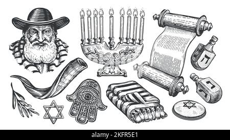 Esquisse de l'ensemble juif. Torah scroll, Menorah, Shofar, Rabbi, Miriam Hand. Religion concept vintage illustration vectorielle Illustration de Vecteur