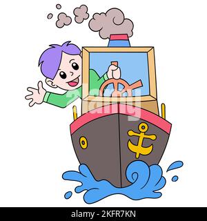 Illustration vectorielle d'un joli personnage de dessin animé d'un garçon à bord d'un bateau Illustration de Vecteur