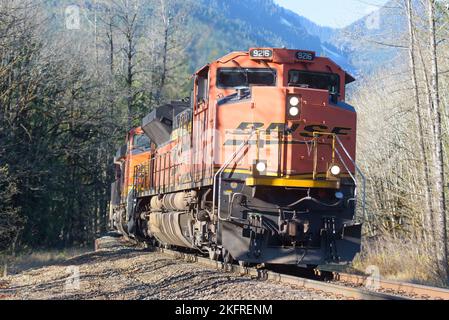 Skykomish, WA, États-Unis - 18 novembre 2022; le train de marchandises BNSF qui traverse les montagnes Cascade de l'État de Washington est dirigé par un EMD SD70ACe Banque D'Images