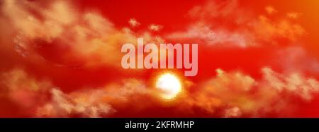 Coucher de soleil sur un ciel réaliste avec un aperçu des nuages moelleux. Magnifique paysage de la nature paradisiaque, fond panoramique, rouge sanglant paysage de nuit avec vue Illustration de Vecteur