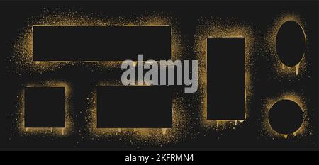 Cadres de peinture laquée or, bannières de pochoir graffiti. Bordures rectangulaires, ovales et carrées isolées sur fond noir. Toile de fond de l'aérographe Illustration de Vecteur