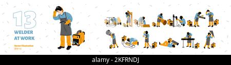 Kit de soudeur sur les scènes de travail. Le travailleur de la construction répare les tuyaux métalliques dans différentes poses. Homme dans le masque de sécurité travailler avec la machine à souder isolée sur blanc Illustration de Vecteur