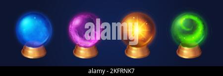 Globes de cristal, sphères magiques de sorcier ou de sorcier. Dômes en verre transparent sur supports dorés avec brouillard bleu, éclairs, étoile et tourbillon vert à l'intérieur, vecteur Illustration de Vecteur