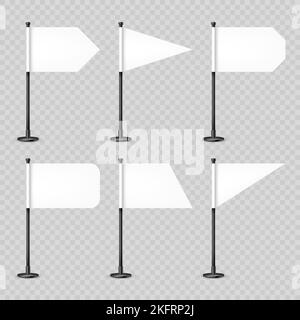 Différents indicateurs de table réalistes sur une tige en acier. Drapeau blanc blanc vierge en papier ou en tissu. Support en métal noir. Maquette pour la promotion et la publicité Illustration de Vecteur