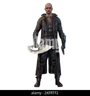 Epic FANTASY homme dans une longue veste avec des armes, 3D Illustration, 3D rendu Banque D'Images