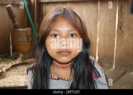 Autochtones, petite fille du peuple autochtone Huni Kuin dans son village de la forêt amazonienne, Acre, Brésil, Amérique du Sud Banque D'Images