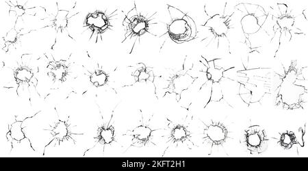 Grande collection de fissures de verre cassé sur fond blanc. 24 photos en une seule photo. Concept de plans sur la fenêtre pour la conception. Banque D'Images