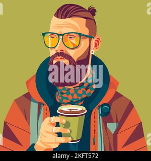Illustration vectorielle d'un bel homme barbu qui boit du café Illustration de Vecteur