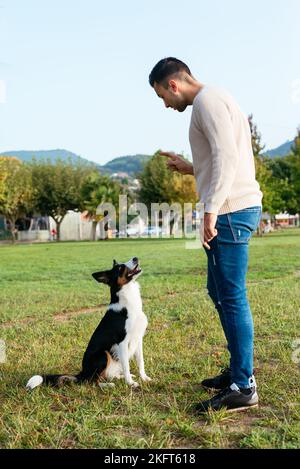Corps complet de jeune homme propriétaire en vêtements décontractés entraînement obéissant Border Collie dans le parc le jour ensoleillé Banque D'Images