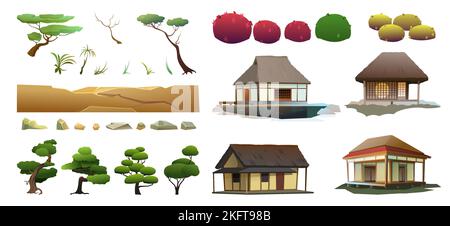 Ensemble de maisons japonaises traditionnelles avec arbres, fleurs et pierres. Habitation rurale avec toit de chaume. Illustration vecteur Illustration de Vecteur