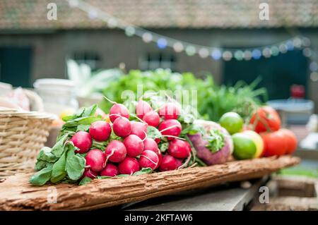 Barbecue extérieur avec préparations alimentaires. Les gens mangent et mangent à l'extérieur. Beaucoup de légumes, de poisson et de viande. Banque D'Images