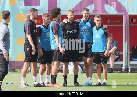 Jan Vertonghen en Belgique, Thorg Hazard en Belgique, Axel Witsel en Belgique, Toby Alderweireld en Belgique, Leander Dendoncker en Belgique et Leandro Trossard en Belgique, photographiés lors d'une séance de formation de l'équipe nationale belge de football les Red Devils, au Hilton Salwa Beach Resort d'Abu Samra, État du Qatar, le dimanche 20 novembre 2022. Les Red Devils se préparent à la prochaine coupe du monde FIFA 2022 au Qatar. BELGA PHOTO BRUNO FAHY Banque D'Images