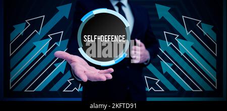 Affiche affichant Self Defense. Idée d'affaires l'acte de défendre sa personne lorsqu'elle est attaquée physiquement Banque D'Images