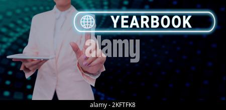 Inspiration montrant l'enseigne Annuaire. Publication conceptuelle de photos compilée par la classe finissant comme un enregistrement des activités de l'année Banque D'Images
