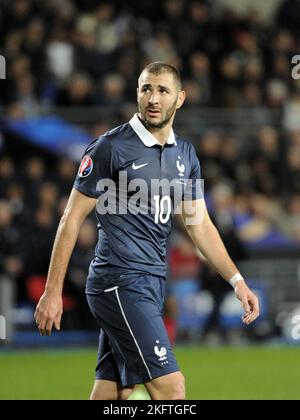 L'attaquant du Real Madrid a été forcé de se retirer de la coupe du monde après avoir subi une blessure par quadriceps dans sa cuisse gauche dossier - France Karim Benzema pendant le match international de football amical, France contre Albanie à Rennes, France sur 14 novembre 2014. Le match s'est terminé par un tirage au sort de A1-1. Photo de Philipe Montigny/ABACAPRESS.COM Banque D'Images