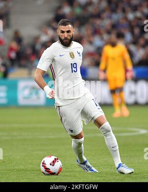 L'attaquant du Real Madrid a été forcé de se retirer de la coupe du monde après avoir subi une blessure à quatre riceps dans sa cuisse gauche dossier - Karim Benzema de France pendant la Ligue des Nations de l'UEFA, groupe 1 match entre la France et la Croatie au Stade de France sur 13 juin 2022 à Paris, France.photo de Christian liewig Abacapress.com Banque D'Images