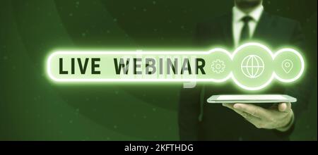 Affiche textuelle montrant le webinaire en direct. Présentation commerciale Séminaire interactif transmis sur le Web en temps réel Banque D'Images