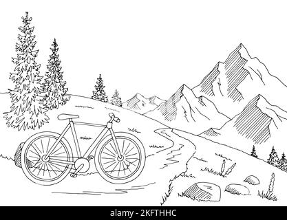 Bicyclette en montagne graphique noir blanc paysage dessin vecteur d'illustration Illustration de Vecteur