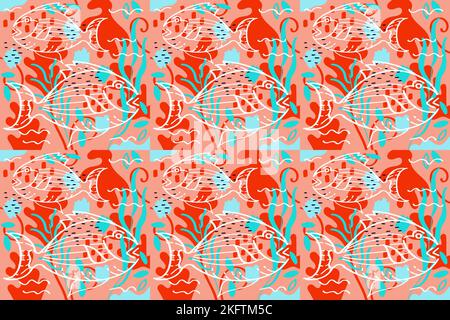 flore et faune marines, composition vectorielle sans couture avec poissons, teintes de corail à ver Illustration de Vecteur