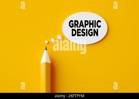 Crayon et bulle de pensée avec le mot Graphic Design sur fond jaune. Penser à des idées créatives dans le concept de conception graphique. 3D rendu. Banque D'Images