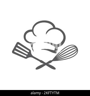 Logo du restaurant, symbole de la nourriture avec chapeau de chef. Fouet et spatule croisés, icône représentant un vecteur de cuisson. Illustration de Vecteur