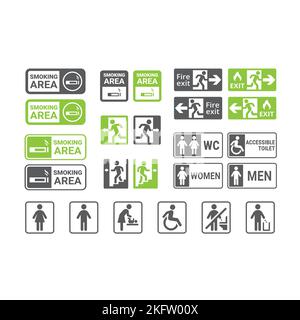 WC, toilettes, panneau de l'espace fumeurs. Sortie de secours, ensemble d'autocollants vectoriels pour escalier. Illustration de Vecteur