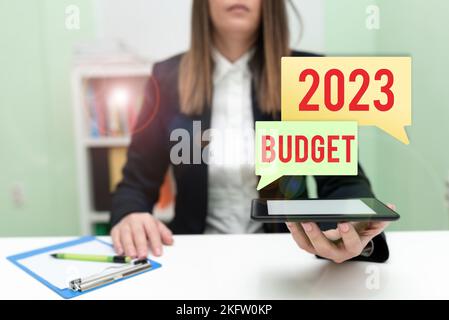 Affiche indiquant le budget 2023. Approche commerciale Plan financier de l'entreprise pour la nouvelle année Stratégie d'investissement Banque D'Images