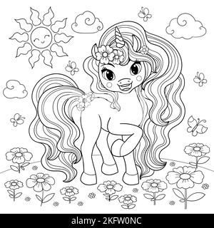 mignonne licorne dans la prairie. Image linéaire noir et blanc. Vecteur Illustration de Vecteur