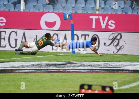 Gênes, Ligurie, Italie. 19th novembre 2022. Ange Capuozzo italien plein dos marqué essai pendant le dernier match d'automne de rugby. Le match a été joué dans le stade Luigi Ferrari de Gênes, en Afrique du Sud beated Italie avec le score 63-21 (Credit image: © Pasquale Gargano/Pacific Press via ZUMA Press Wire) Banque D'Images