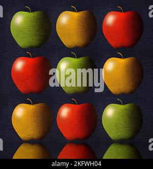 Les pommes font l'objet de cette illustration 3-D qui inclut des couleurs éclatantes et un éclairage spectaculaire. Texture et grunge sont également vus dans ce groupe o Banque D'Images