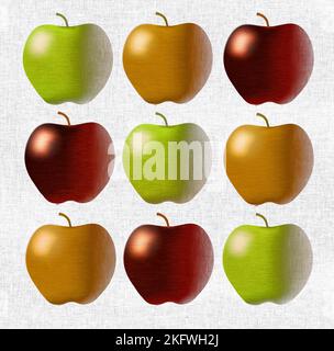 Les pommes font l'objet de cette illustration 3-D qui inclut des couleurs éclatantes et un éclairage spectaculaire. Texture et grunge sont également vus dans ce groupe o Banque D'Images