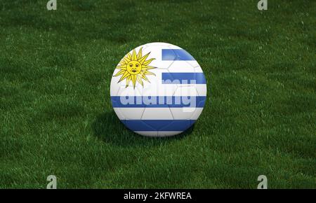 Ballon de football aux couleurs du drapeau uruguayen dans un stade sur fond de graminées vertes. 3D illustration. Banque D'Images