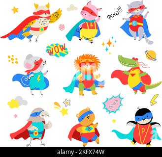 Ensemble super héros mignon animaux de dessin animé. Héros d'enfant en cape et masque, personnages chichdish d'animal comique. Isolé drôle nowaday supermen vecteur clipart Illustration de Vecteur