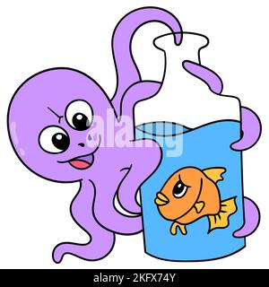 Vecteur modifiable d'un pieuvre maléfique tenant un poisson dans un pot en verre Illustration de Vecteur