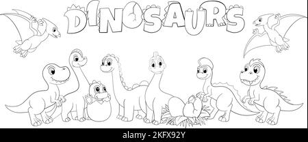 Adorable groupe de dinosaures de dessins animés, famille de dinos de ligne et lettrage de dinosaure. Coloriage de l'image de fantaisie puérile, drôle vecteur dinosaure caractère préhistorique Illustration de Vecteur