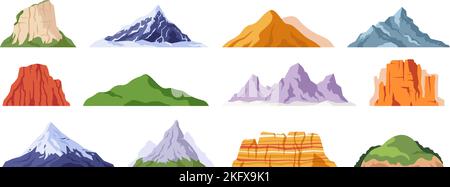 Conception plate isolée Mountain Peaks. Relief de falaise, silhouette de montagne avec sommet enneigé. Paysage colline verte et roche, randonnée racée voyage nature Illustration de Vecteur